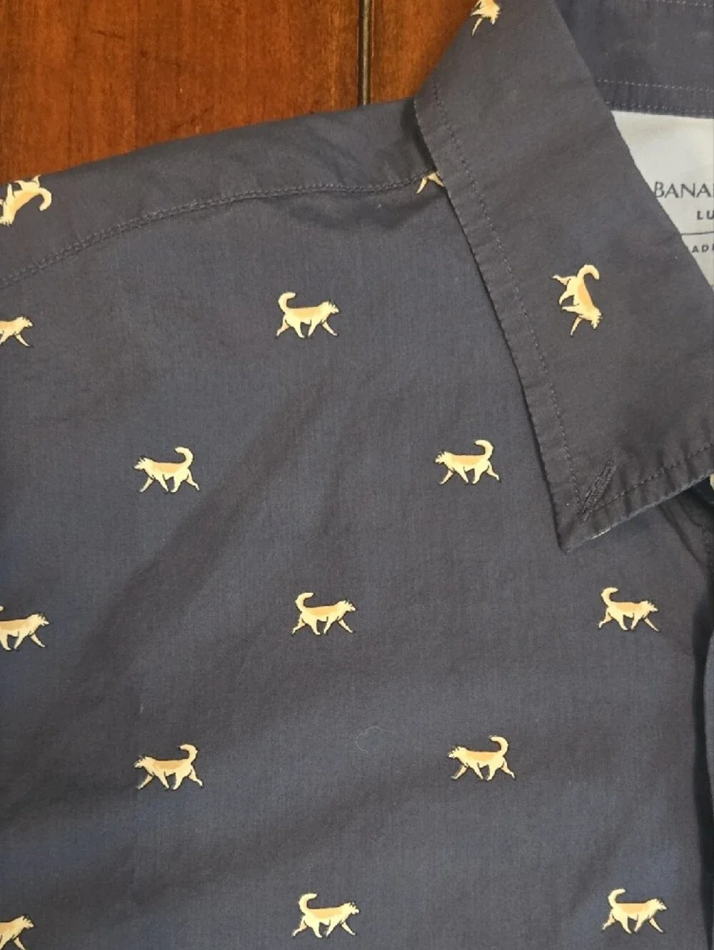 Banana Republic Navy Button-Down Shirt with Cream Dog Motif